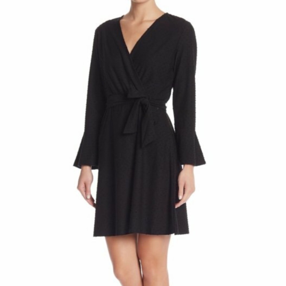 NWOT SPENSE 3/4 Sleeve Textured Knit Dress Black Swiss Dot Bell Sleeve Faux Wrap